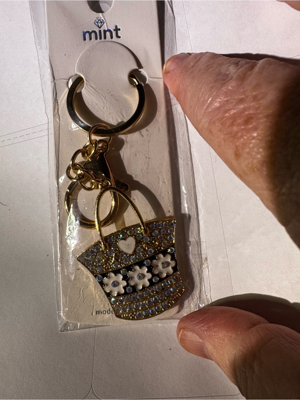 Mint Gold-Tone Floral Crystal Bag Charm Keyring